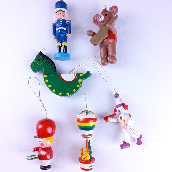 Vintage Holiday Lot Of 6 Wooden Christmas Toyland Ornament